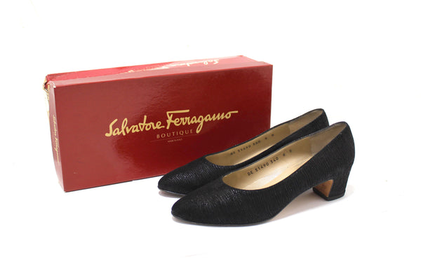 Salvatore Ferragamo Black Embossed Suede Leather Kitten Heel Size 6 B