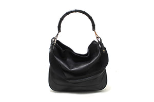 Gucci Black Leather with Silver Hardware Medium Bamboo Handle Shoulder Bag
