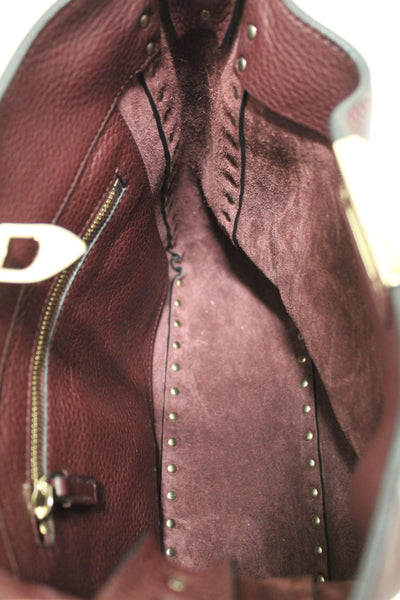 Valentino Garavani Burgandy Pebbled Leather Rockstud Flip-lock Messenger Bag
