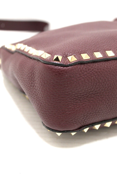 Valentino Garavani Burgandy Pebbled Leather Rockstud Flip-lock Messenger Bag