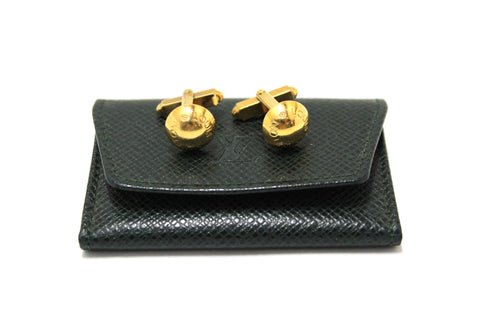 Louis Vuitton Gold Bouton de Manchette Crew Gold Cufflinks with Green Taiga Storage Case