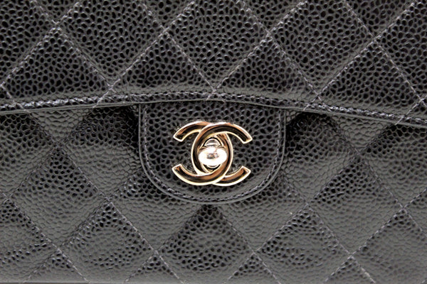 Chanel 黑色絎縫魚子醬皮革方形迷你經典蓋口包