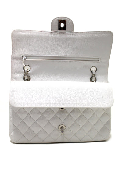 Chanel White Caviar Leather Medium Classic Flap Chain Handbag