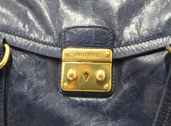 Miu Miu Blue Vitello Shine Leather Push Lock Flap Shoulder Tote