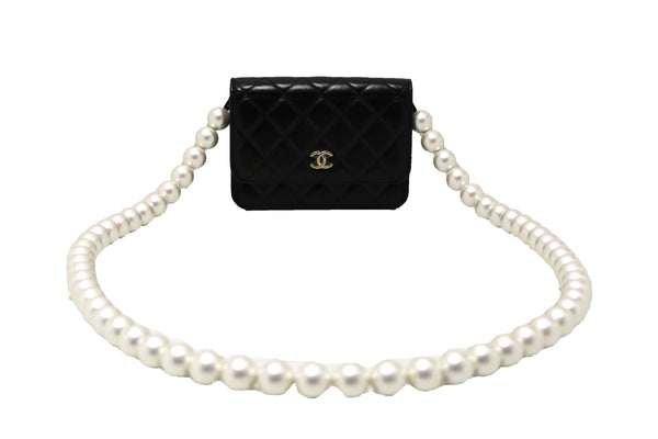 Chanel Black Quilted Calfskin Leather Wallet with Pearl Chain