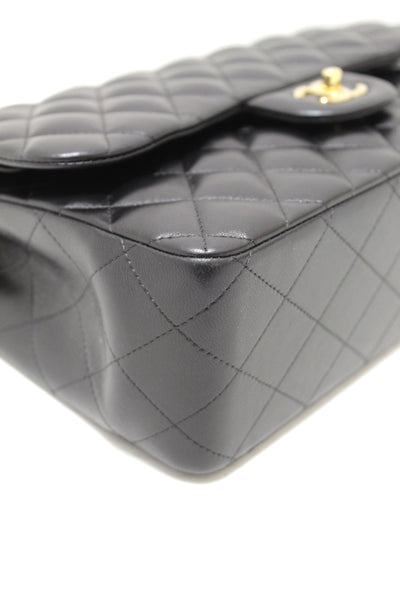 Chanel Black Quilted Lamskin Leather Classic Jumbo Double Flap Bag