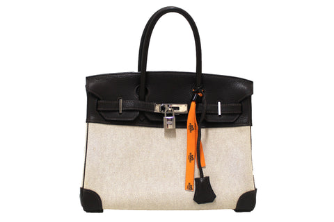 Hermes Brown Togo Leather and Toile Canvas Birkin 30 Bag