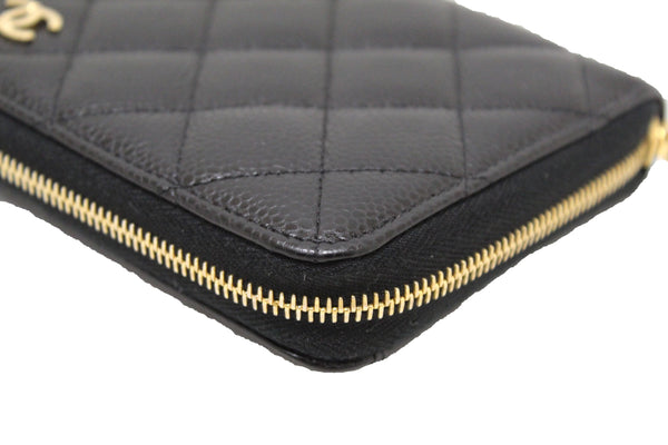 Chanel 黑色絎縫魚子醬皮革經典長拉鍊皮夾