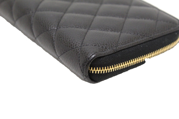 Chanel 黑色絎縫魚子醬皮革經典長拉鍊皮夾