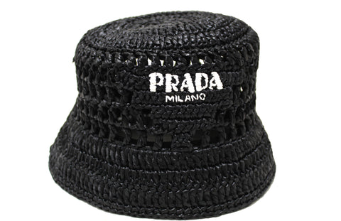 Prada Black Raffia Bucket Hat Size S