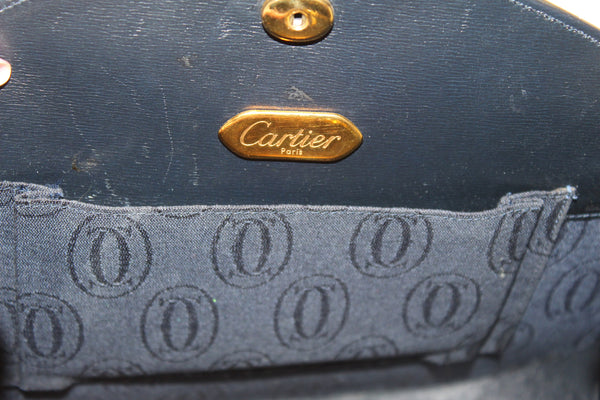 Vintage Cartier Sapphire Line Black Smooth Leather Crossbody Bag with Chain