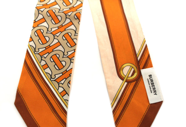 Burberry Orange TB Monogram Reversible Silk & Wool Skinny Scarf