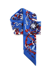 Hermes Blue Red White Tie Narrow Logo Silk Twilly Scarf