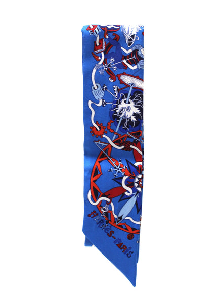 Hermes 藍紅白領帶窄標誌真絲斜紋圍巾