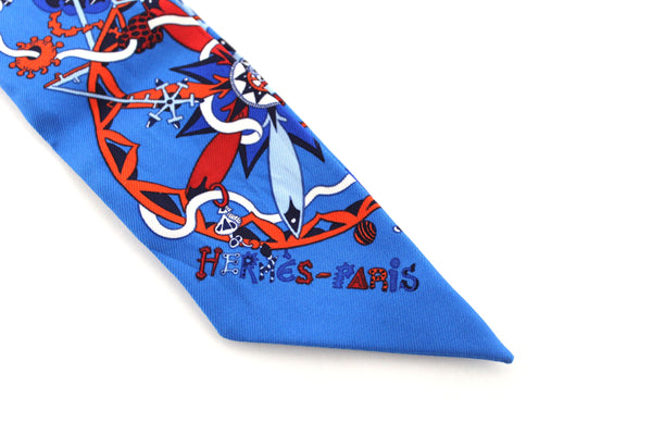 Hermes Blue Red White Tie Narrow Logo Silk Twilly Scarf
