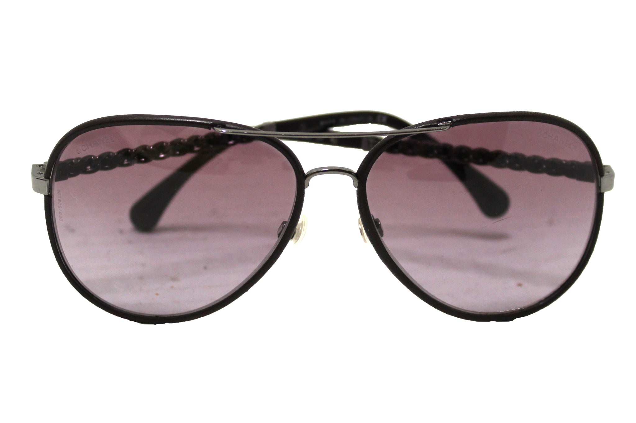 Authentic Chanel Violet Calfskin/Metal Aviator Pilot Sunglasses