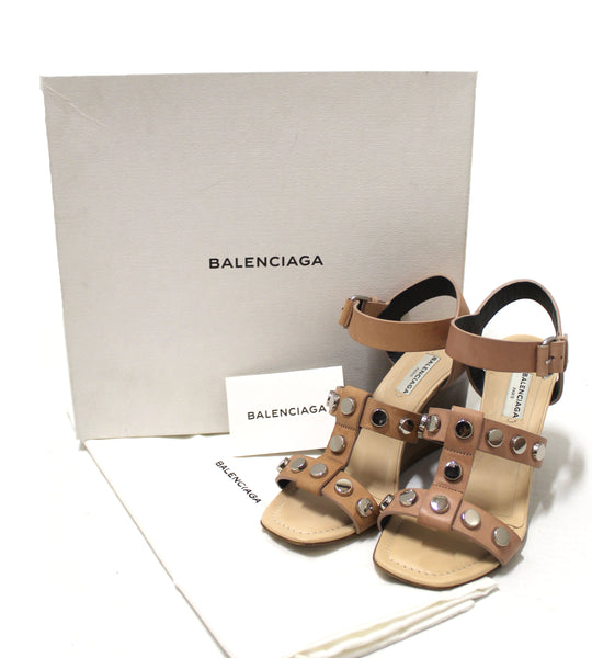Balenciaga淡粉紅色皮革螺柱涼鞋楔鞋尺寸35.5