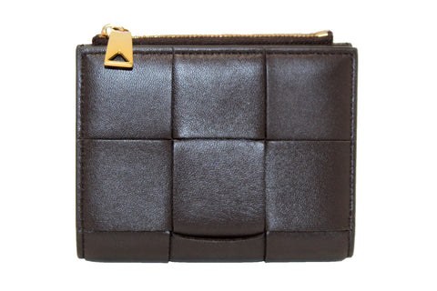Bottega Veneta Brown Intreccio Leather Small Bi-Fold Zip Wallet