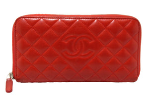 Chanel Red Quilted Lambskin Leather Zippy Wallet
