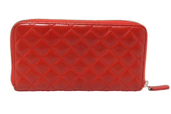 Chanel Red Quilted Lambskin Leather Zippy Wallet