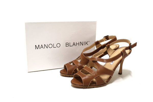 Manolo Blahnik 棕色皮革露跟高跟鞋，尺寸 40