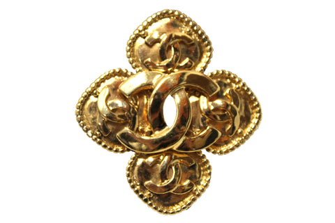Chanel Vintage Gold Toned CC Clover Brooch