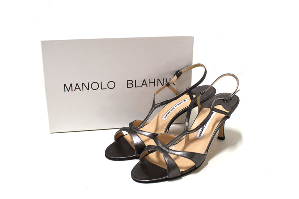 Manolo Blahnik 銀色皮革 Antonella 露跟高跟鞋，尺寸 40