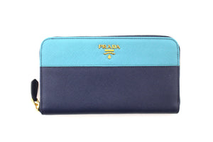 Prada Navy and Aqua Blue Two-tone Continental Leather Long Wallet