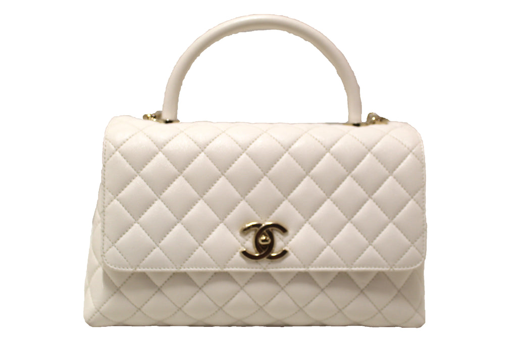 Authentic NEW Chanel White Quilted Caviar Leather Medium CoCo