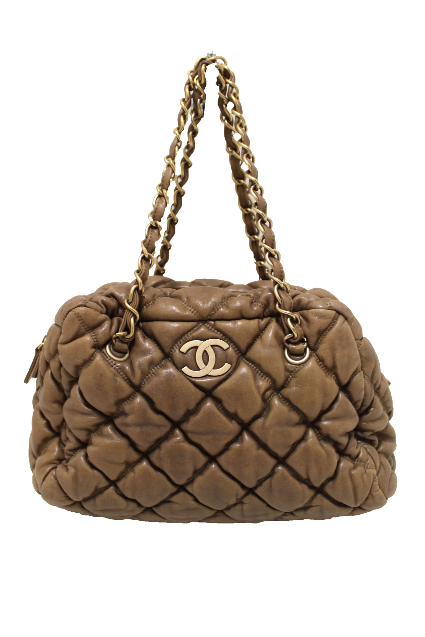 Authentic Chanel Beige Leather Bubble Quilt Chain Bag