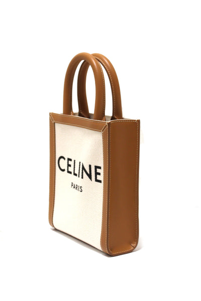 Celine Beige Canvas with Brown Calfskin Logo Print Mini Vertical Cabas