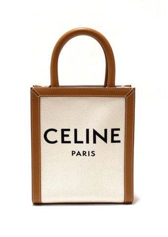 Celine 米色帆布搭配棕色小牛皮標誌印花迷你垂直 Cabas