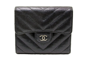 Chanel Black Iridescent Caviar Chevron Quilted Compact Flap Wallet