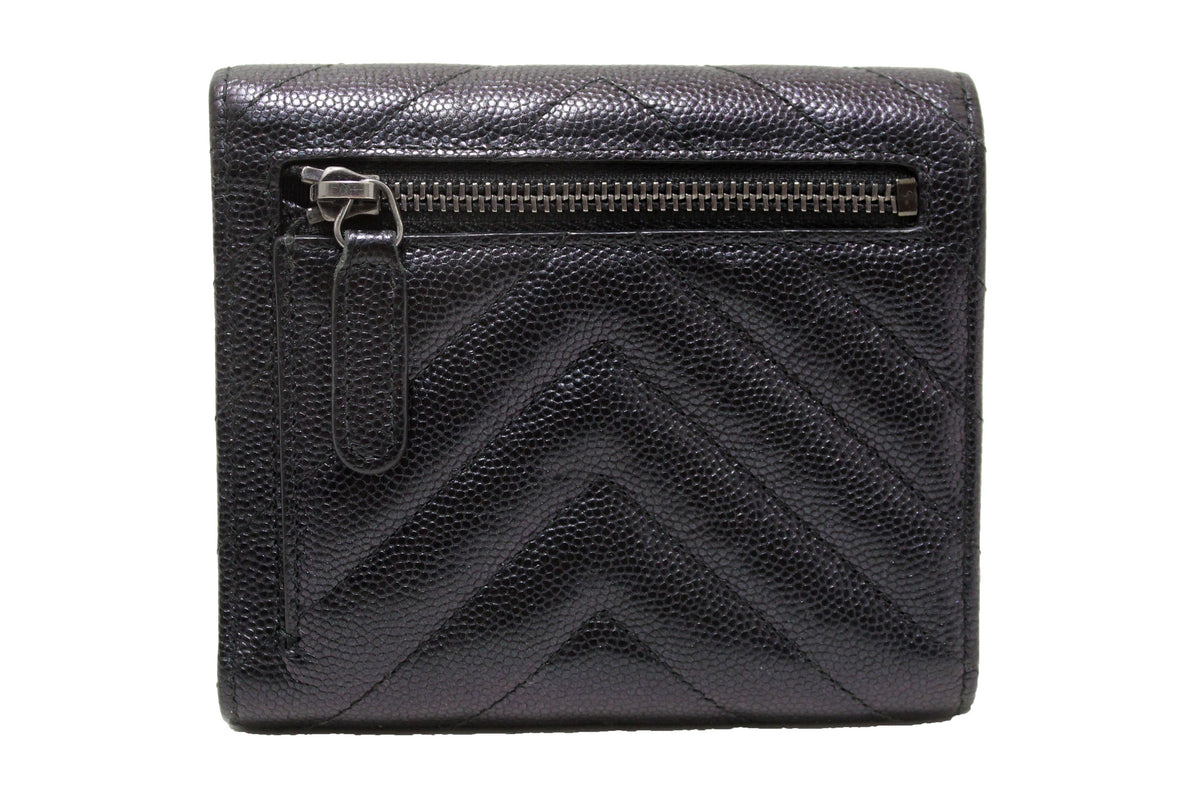 Chanel Black Iridescent Caviar Chevron Quilted Compact Flap Wallet – Italy  Station