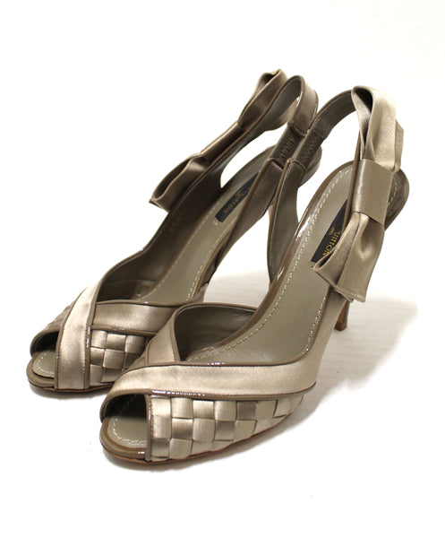 Louis Vuitton Taupe Satin Bow Woven Open Toe Pump Shoes Size 37.5