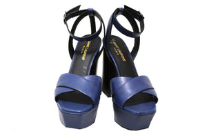新的Saint Laurent Blue Calfskin皮革Farrah平台涼鞋尺寸36.5