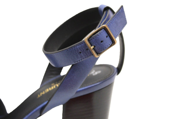 新的Saint Laurent Blue Calfskin皮革Farrah平台涼鞋尺寸36.5