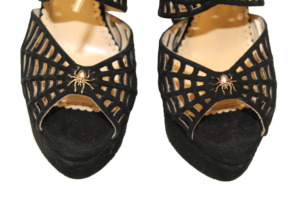 夏洛特奧林匹亞黑色絨面革蜘蛛網高跟鞋鞋​​子尺寸36.5