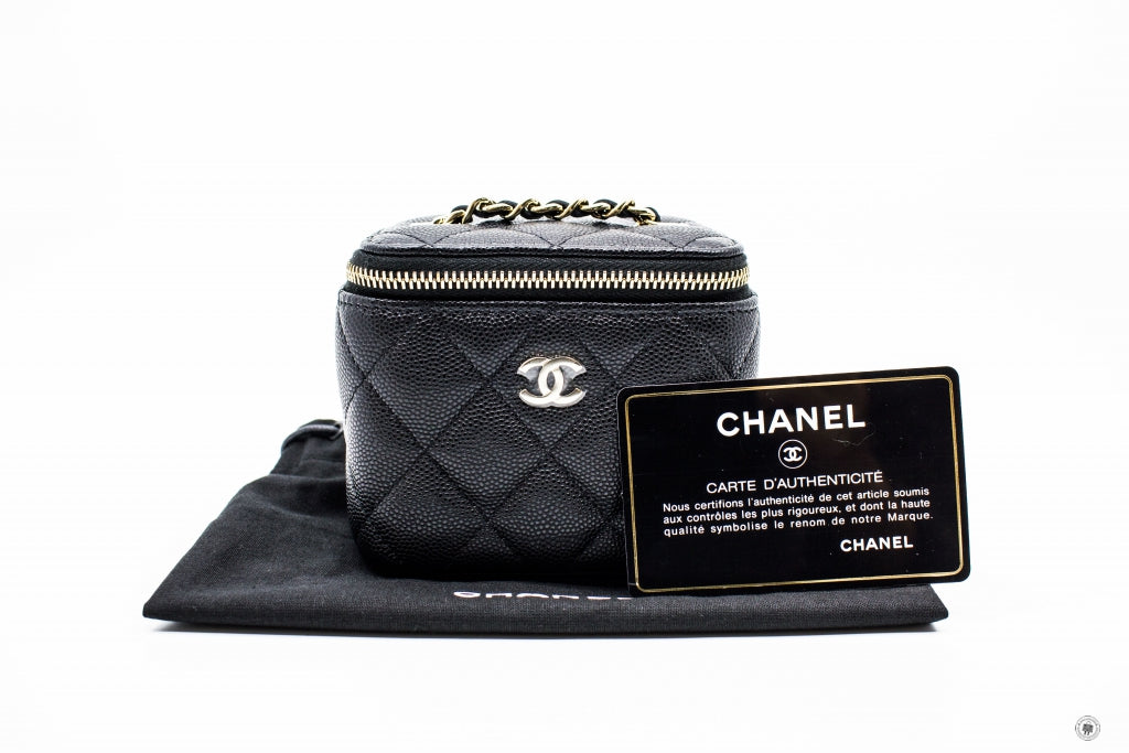 CHANEL Denim Quilted Mini Pearl Crush Vanity Case With Chain 1313270
