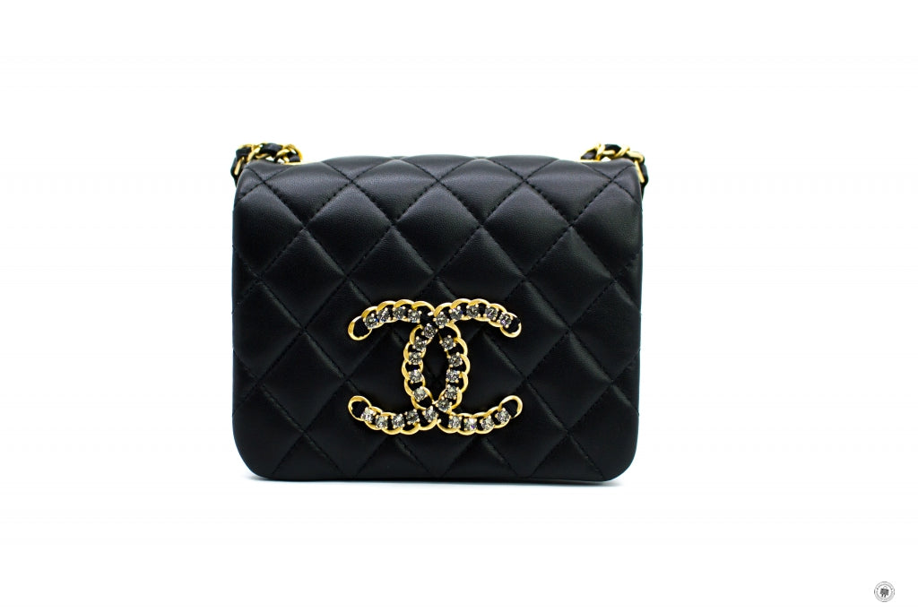 Chanel Mini Flap Bag Black rhinestone accent logo, Lambskin