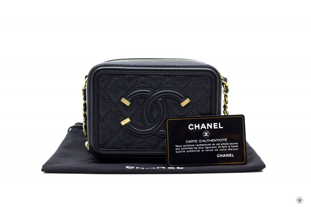 Chanel CC Filigree Vanity Clutch With Chain Caviar Black Aged Gold Har –  Coco Approved Studio