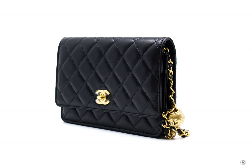 Chanel Black Quilted Lambskin Pearl Crush Wallet On Chain WOC Gold