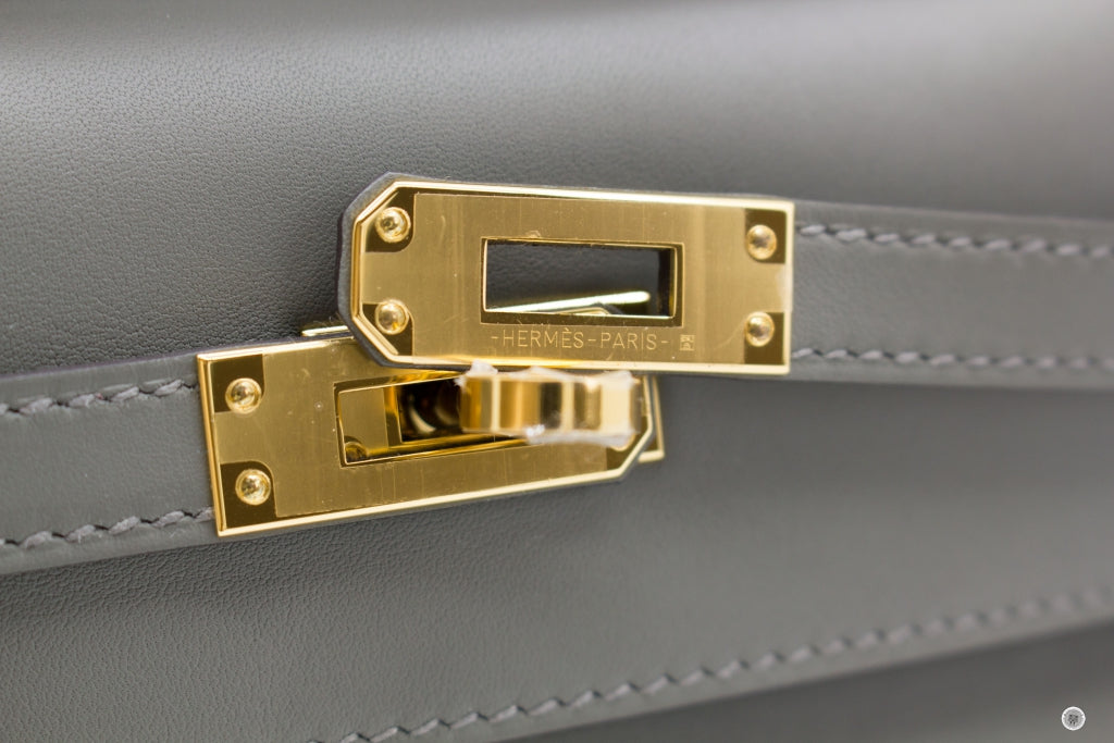 Hermes Gris Asphalt Kelly Cut Pochette Clutch Swift Gold Hardware