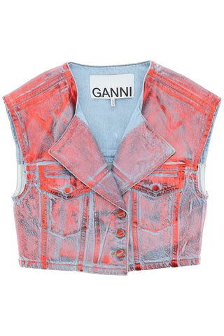 Ganni cropped vest in laminated denim J1262 RED ALERT