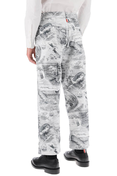 Thom browne cropped pants with 'nautical toile' motif MTU320UF0373 BLACK WHITE