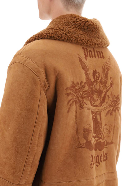 棕櫚天使大學羊毛皮夾克 PMJA025F23LEA001 棕色米色