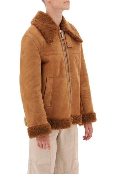 棕櫚天使大學羊毛皮夾克 PMJA025F23LEA001 棕色米色