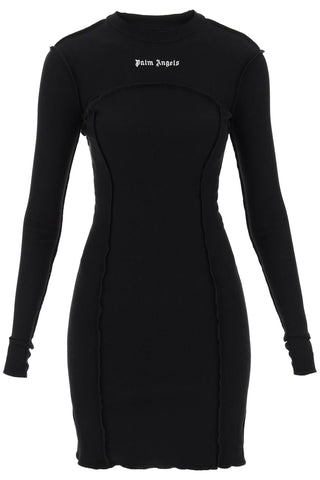 Palm angels long-sleeved mini dress in ribbed jersey PWDH004F23FAB001 BLACK OFF WHITE