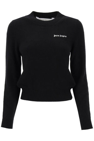 Palm angels cropped sweater with logo print PWHE051F23KNI001 BLACK OFF WHITE