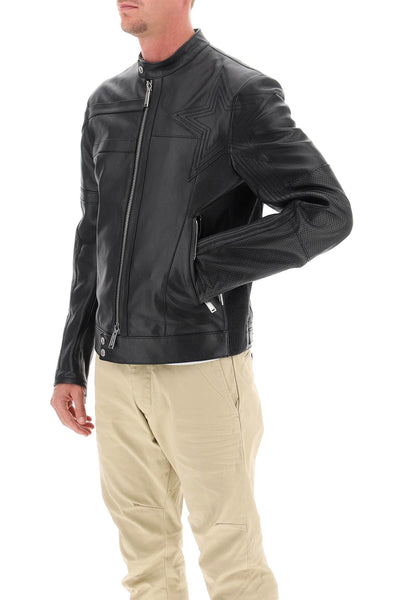 Dsquared2 leather biker jacket with contrasting lettering S71AN0457 SY1628 BLACK